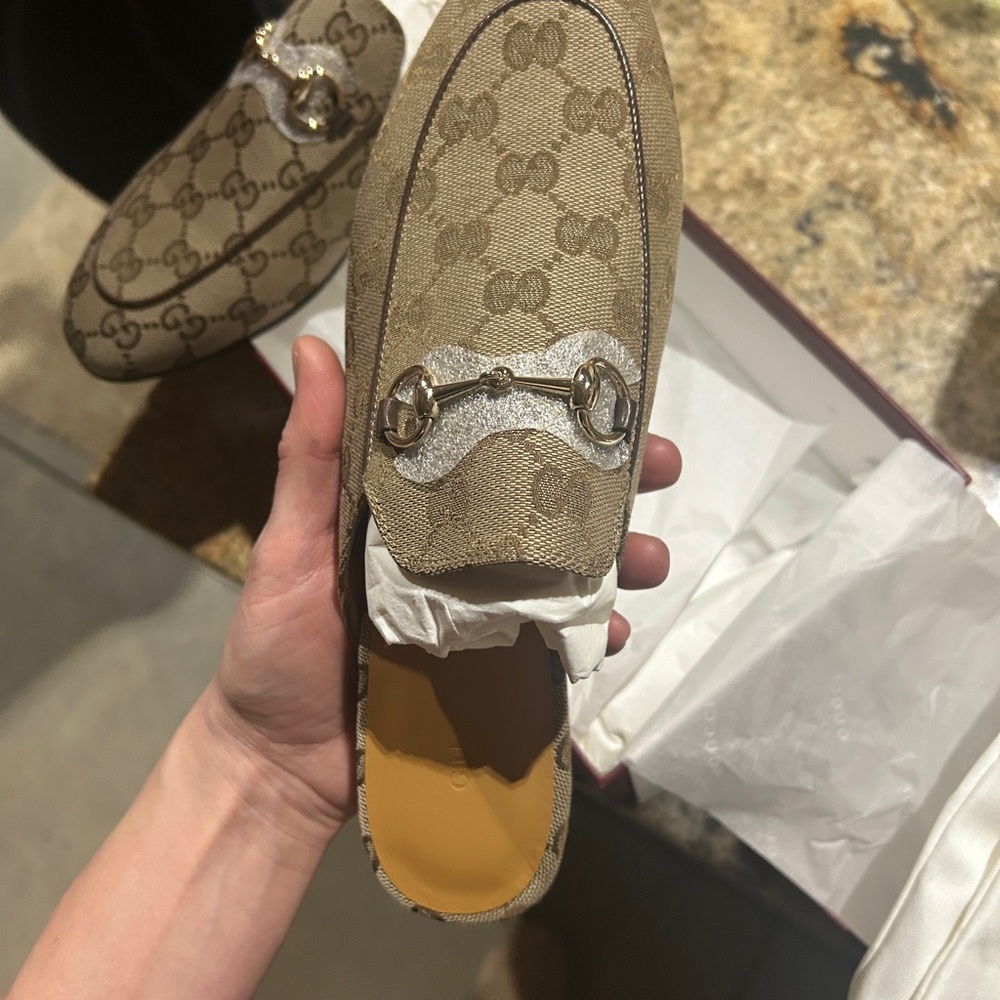 Gucci Brown GG Canvas Princetown Mule with Gold Horsebit - Picture 12 of 15